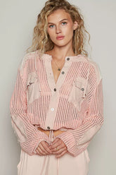 POL Texture Woven Button Down Hooded Shirt with Drawstring Hem OutfitFlow